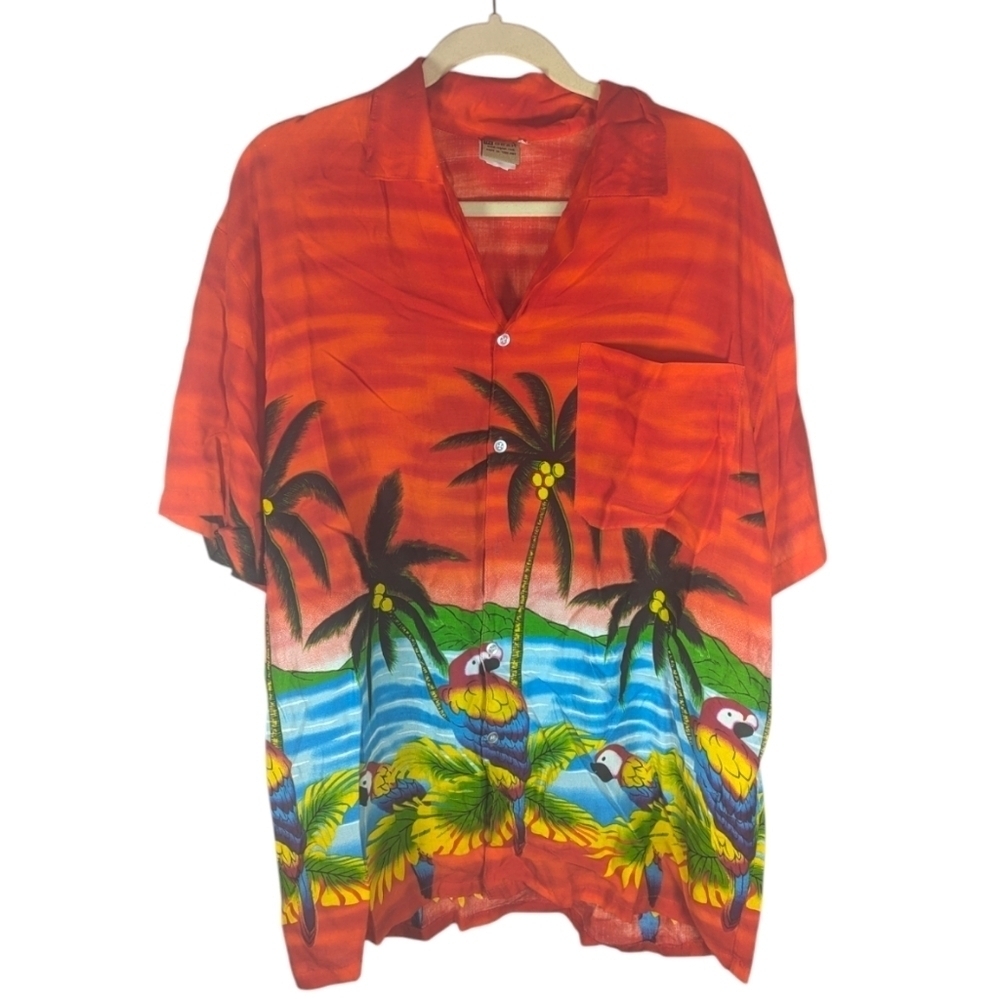 Vintage In-Gear Hawaiian tropical parrot palm tree button-up party shirt mens XL